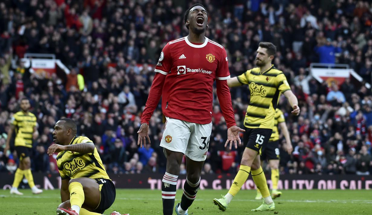 Bahkan, Anthony Elanga dan kawan-kawan pun unggul jauh dalam jumlah tembakan percobaan yang mencapai 20 kali berbanding Watford yang hanya melakukan setengahnya. (AP/Rui Vieira)