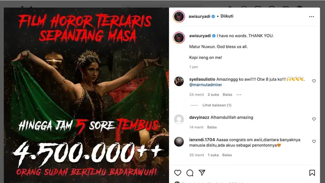 KKN di Desa Penari jadi film horor Indonesia terlaris. (Foto: Dok. Instagram @awisuryadi)