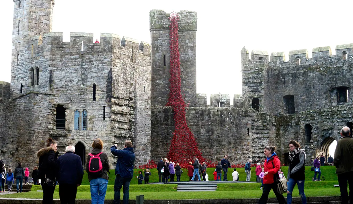 Sejumlah pengunjung melihat karya seni 'Jendela Menangis' di Caernarfon Castle karya seniman Paul Cummins dan desainer Tom Piper, Wales, Senin (17/10). (REUTERS / Rebecca Naden)