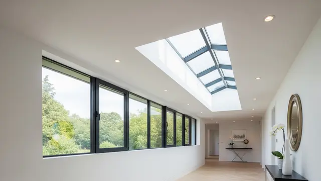 Lorong Modern dengan Skylight Memanjang dan Jendela Tinggi