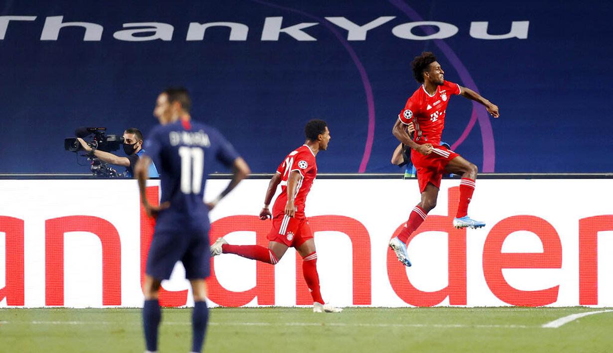 Pemain Bayern Munchen, Kingsley Coman, melakukan selebrasi usai mencetak gol ke gawang Paris Saint-Germain (PSG) pada laga final Liga Champions di Stadion The Luz, Portugal, Senin (24/8/2020). Bayern Munchen menang 1-0 atas PSG. (Matthew Childs/Pool via AP)