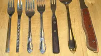 Aneka garpu. Dari kiri ke kanan: garpu makanan penutup; garpu relish; garpu salad; garpu makan malam; garpu makanan dingin; garpu makan; garpu potong. (Wikimedia/Creative Commons)