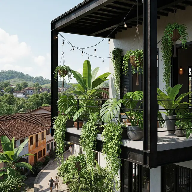 Teras Belakang Rumah Ala Cafe Tropis dengan Pencahayaan Gantung 2025