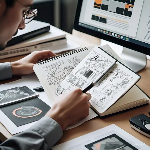 Ilustrasi seorang pria membaca desain brief.