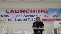 Direktur Utama JICT Riza Erivan memberikan sambutan saat launching sistem pembayaran baru "Gboss Kiosk" untuk transaksi impor di Jakarta, Jumat (30/12). (Liputan6.com/Faizal Fanani)