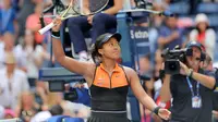 Naomi Osaka merayakan kemenangan atas Anna Blinkova pada babak pertama AS Terbuka 2019 di USTA Billie Jean King National Tennis Center, Selasa (27/8/2019) atau Rabu dini hari WIB. (AFP/Elsa)