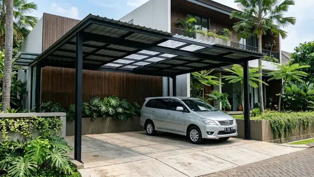 Carport Atap Spandek dengan Aksen Transparan