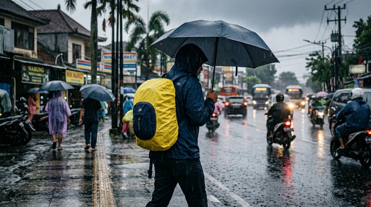 Tips Menjaga Tas Tetap Kering Saat Hujan Deras (AI Generated)