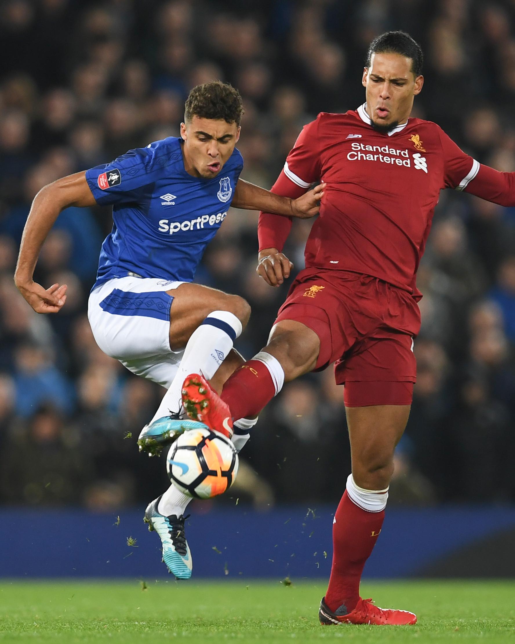 Bek Liverpool, Virgil Van Dijk (kanan) berusaha merebut bola bek Everton, Mason Holgate saat bertanding di Piala FA di Anfield, Inggris (5/1). Liverpool berhak lolos ke babak keempat setelah mengalahkan Everton 2-1. (AFP Photo/Paul Ellis)