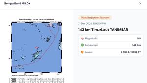 Gempa hari ini, Minggu (21/12/2025) saat akhir pekan, pukul 11:02:10 WIB menggetarkan wilayah Tanimbar, Provinsi Maluku. (www.bmkg.go.id)