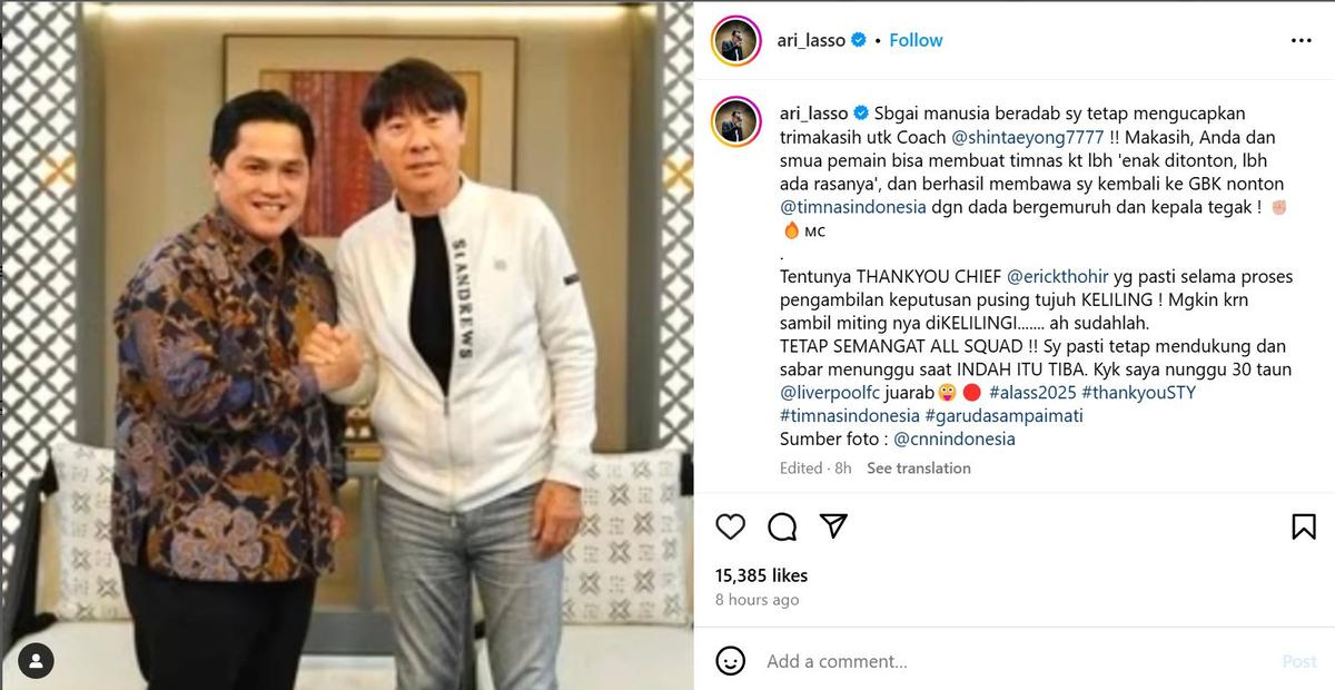 Ari Lasso Ucap Terima Kasih Usai Shin Tae Yong Diberhentikan Jadi Pelatih Timnas, Ungkapan Hatinya Picu Komentar Liar Netizen