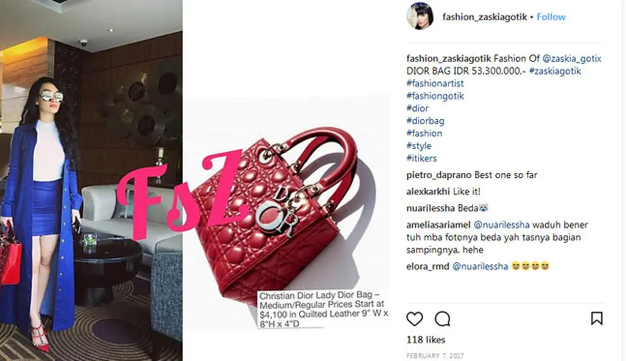 Seperti ini misalnya, tas keluaran Dior ini ukurannya tidak terlalu besar. Memang, warna dan bentuknya sangat memukau. Untuk memiliki tas ini, Zaskia Gotik harus mengeluarkan uang senilai Rp. 53.300.000. (Instagram/fashion_zaskiagotik)