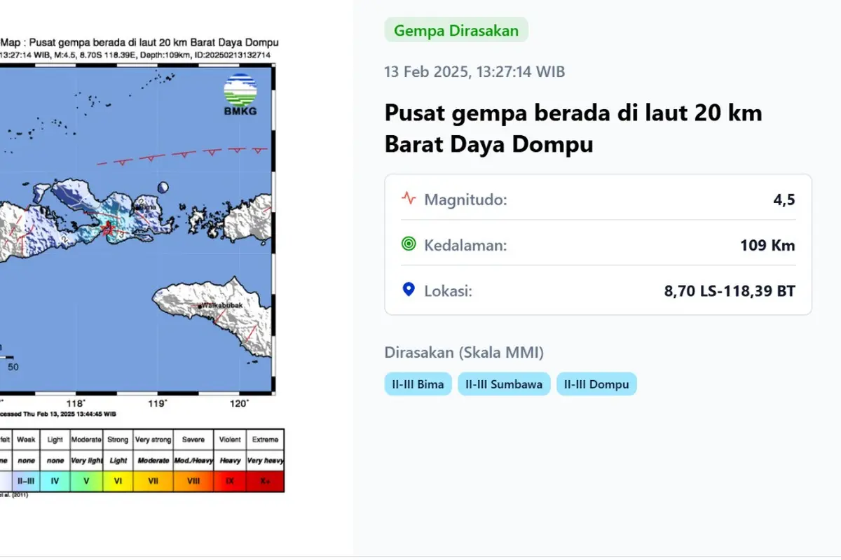 Gempa hari ini, Kamis (13/2/2025) terjadi siang tadi pukul 13:27:14 WIB di wilayah Dompu, Provinsi Nusa Tenggara Barat (NTB).