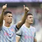 Ekspresi bintang Manchester United, Cristiano Ronaldo, pada laga kontra West Ham United di London Stadium pada duel Liga Inggris 2021/2022, Minggu (19/9/2021). (AP Photo/Ian Walton)