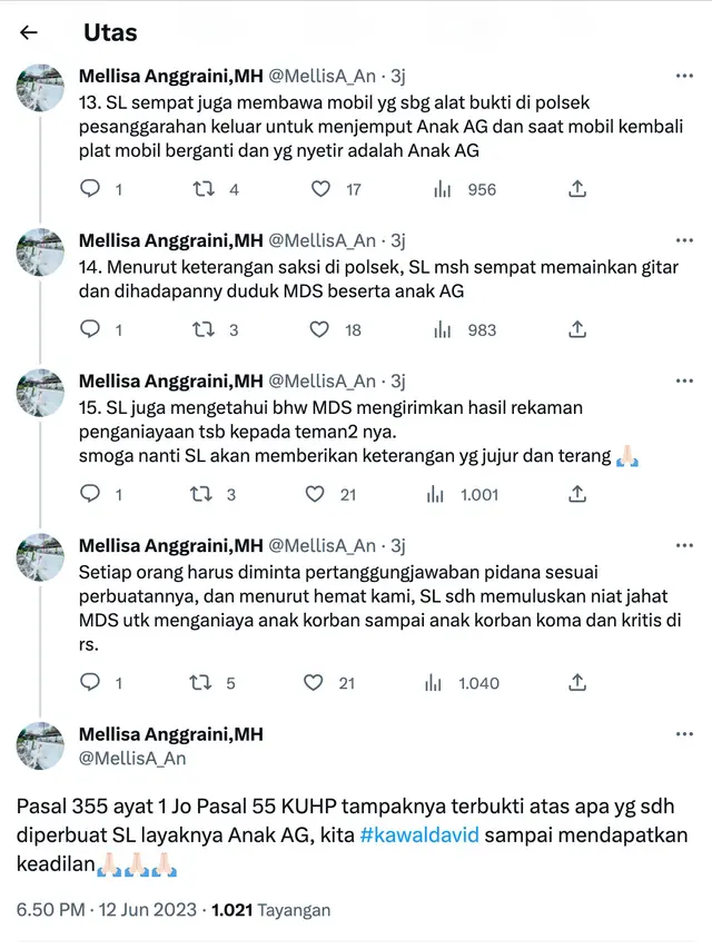 Utas Mellisa Anggraini berisi dugaan peran penting Shane Lukas dalam penganiayaan David Ozora. (Foto: Dok. Twitter @MellisA_An)