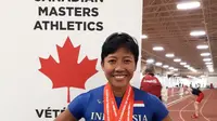 Dedeh Erawati kembali mempersembahkan medali emas dari nomor lompat gawang Canadian Masters Athletics, Senin (12/3/2018).