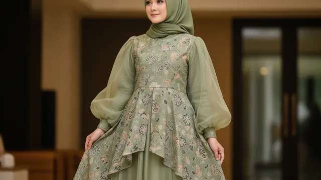 Gamis Batik Sage Organza Lengan Balon