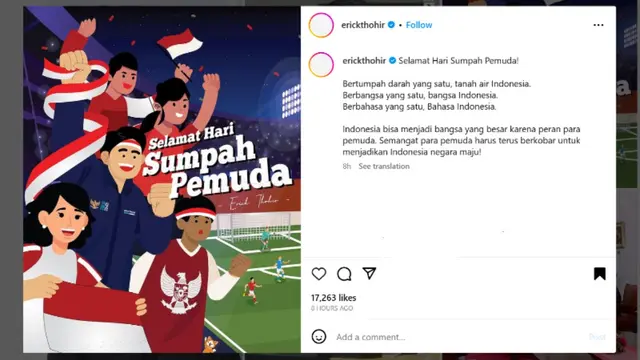 Menteri BUMN Erick Thohir mengucapkan Selamat Hari Sumpah Pemuda yang jatuh tepat pada hari ini, Sabtu (28/10/2023).
