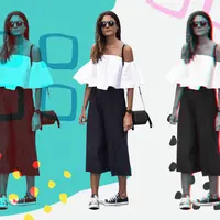 Padu padan busana off the shoulders ala street styler. (Image: Gabrielle Lacasse. DI: Muhammad Iqbal Nurfajri)