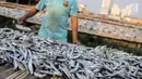 Pekerja menyelesaikan pengolahan ikan asin di kawasan Muara Angke, Jakarta, Kamis (4/7/2019). Jika pada musim hujan perajin ikan asin memproduksi 700 kilogram dalam tiga hari, saat kemarau ini mereka mampu memproduksi satu ton per hari. (Liputan6.com/Faizal Fanani)