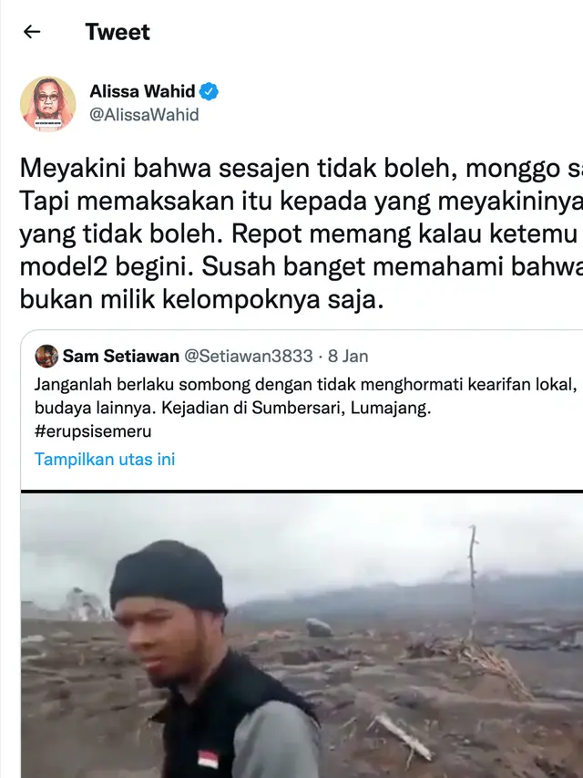 Cuitan Alissa Wahid soal viar pria tendang sesajen di Gunung Semeru. (Foto: Dok. Twitter @alissawahid)
