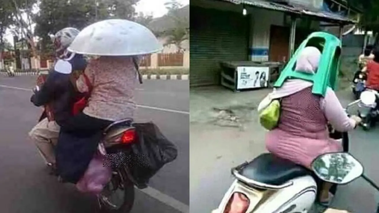 6 Aksi Emak-Emak Pakai Benda Pengganti Helm Ini Nyeleneh, Kocak