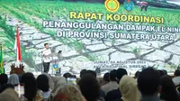 Menteri Pertanian Syahrul Yasin Limpo pada acara Rapat Koordinasi (Rakor) Antisipasi Dampak El- Nino di Sumatera Utara(Sumut) bertempat di Aula Raja Inal Kantor Gubernur Sumut, Jumat (4/8/23).