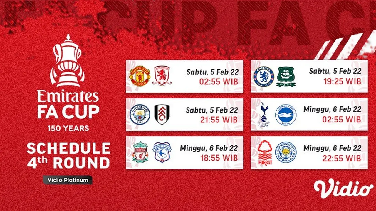 Jadwal FA Cup Putaran Keempat Mulai 5-6 Februari via Vidio.com
