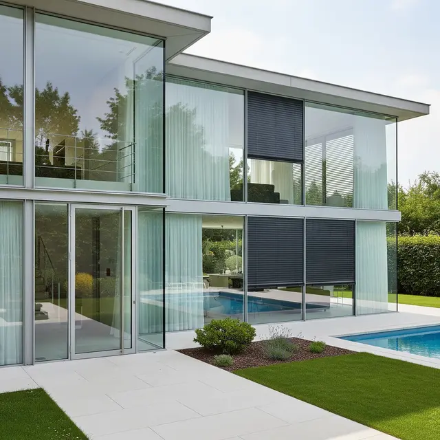 Gambar Rumah Minimalis Tampak Depan dengan Aksen Kaca Modern yang Terlihat Mewah (Image by Gemini AI)