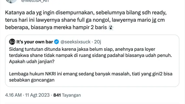 Cuitan Mellisa Anggraini pengacara David Ozora dan Jonathan Latumahina. (Foto: Dok. Twitter @MellisA_An)