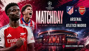 Cover prediksi Arsenal vs Atletico Madrid. (Bola.com/AI Generated)