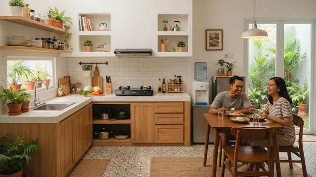 Desain rumah kecil di lahan sempit dengan dapur belakang yang cocok untuk pengantin baru model dapur berbentuk L.