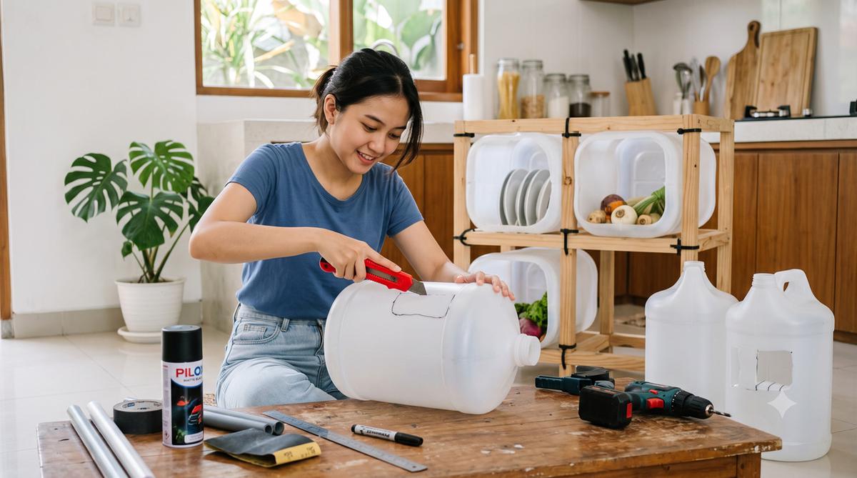 Cara Mengubah Galon Bekas Jadi Rak Penyimpanan Dapur yang Kokoh dan Multifungsi (AI Generated)