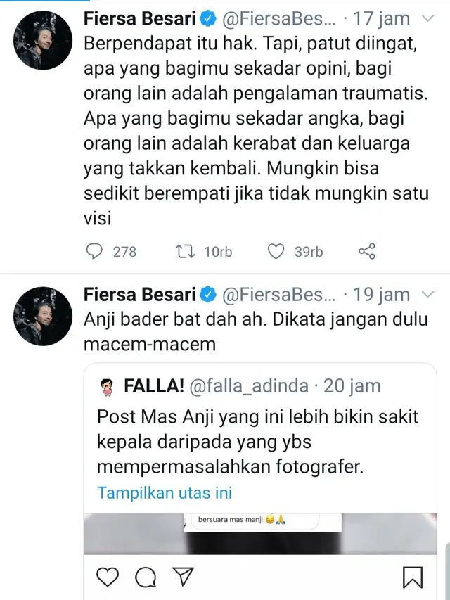 Unggahan Fiersa Besari. (Foto: Twitter @FiersaBesari)