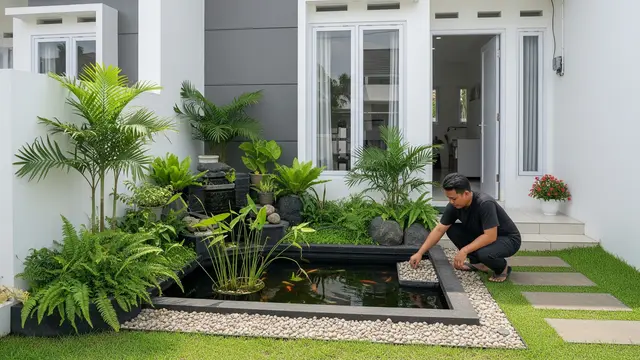 Cara Membuat Kolam Ikan dan Taman Depan Rumah Tanpa Bikin Halaman Terasa Sempit/Gemini AI