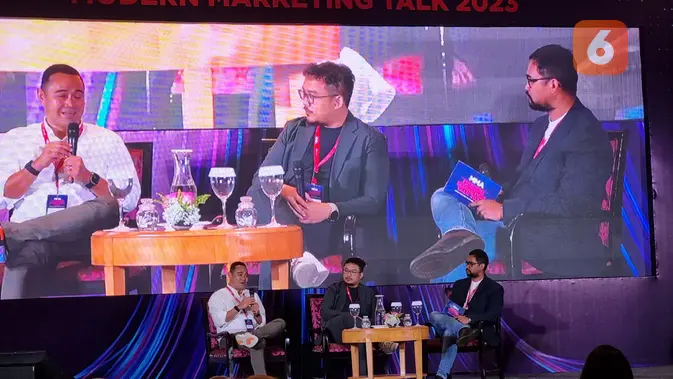 <p>Ki-Kan : Head of Industry Meta Indonesia Aldo Rambie, Digital Marketing & Commerce Hub Lead for Nutrition SEA Unilever Dinoy Alamsyah, serta GM Marketing Emtek Digital Evanggala Rasuli sebagai moderator. (Liputan6.com/ Agustinus Mario Damar)</p>