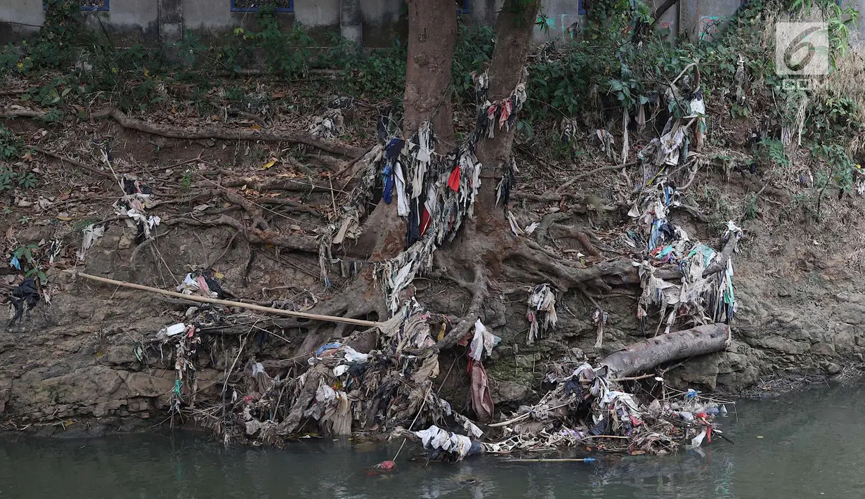 Sampah terlihat di bantaran Sungai Ciliwung, Jakarta, Jumat (7/9). Dinas LH DKI Jakarta mengungkapkan bahwa 61% aliran sungai di Jakarta mengalami pencemaran berat yang berasal dari limbah domestik dan indsutri. (Liputan6.com/Immanuel Antonius)