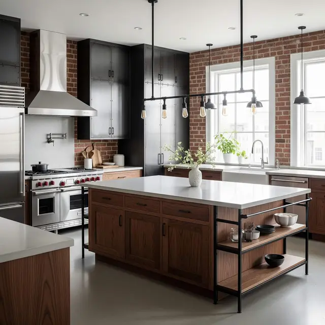 Desain Dapur Industrial dengan Kombinasi Kayu dan Besi
