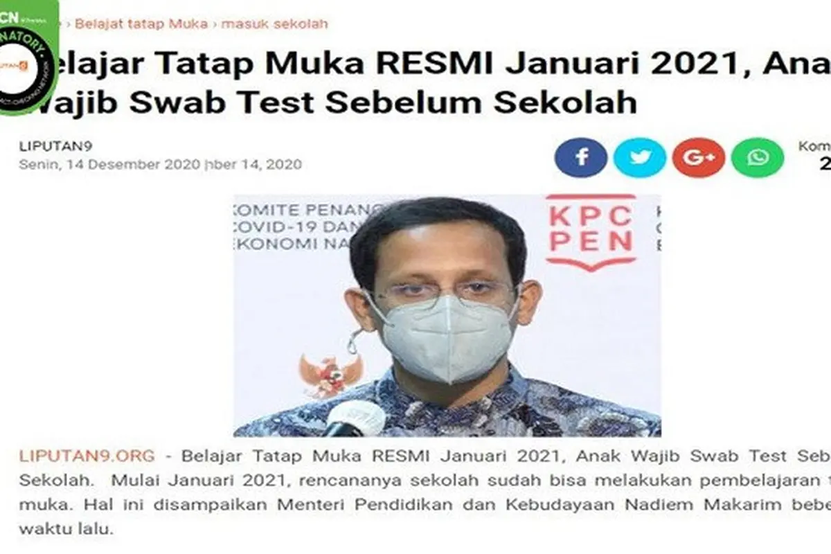 Gambar Tangkapan Layar Berita tentang Anak Wajib Tes Swab Sebelum Masuk Sekolah Tatap Muka