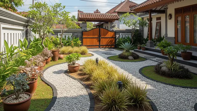 Desain Taman Depan Rumah Minim Perawatan yang Tetap Terlihat Rapi Sepanjang Tahun/AI Generated