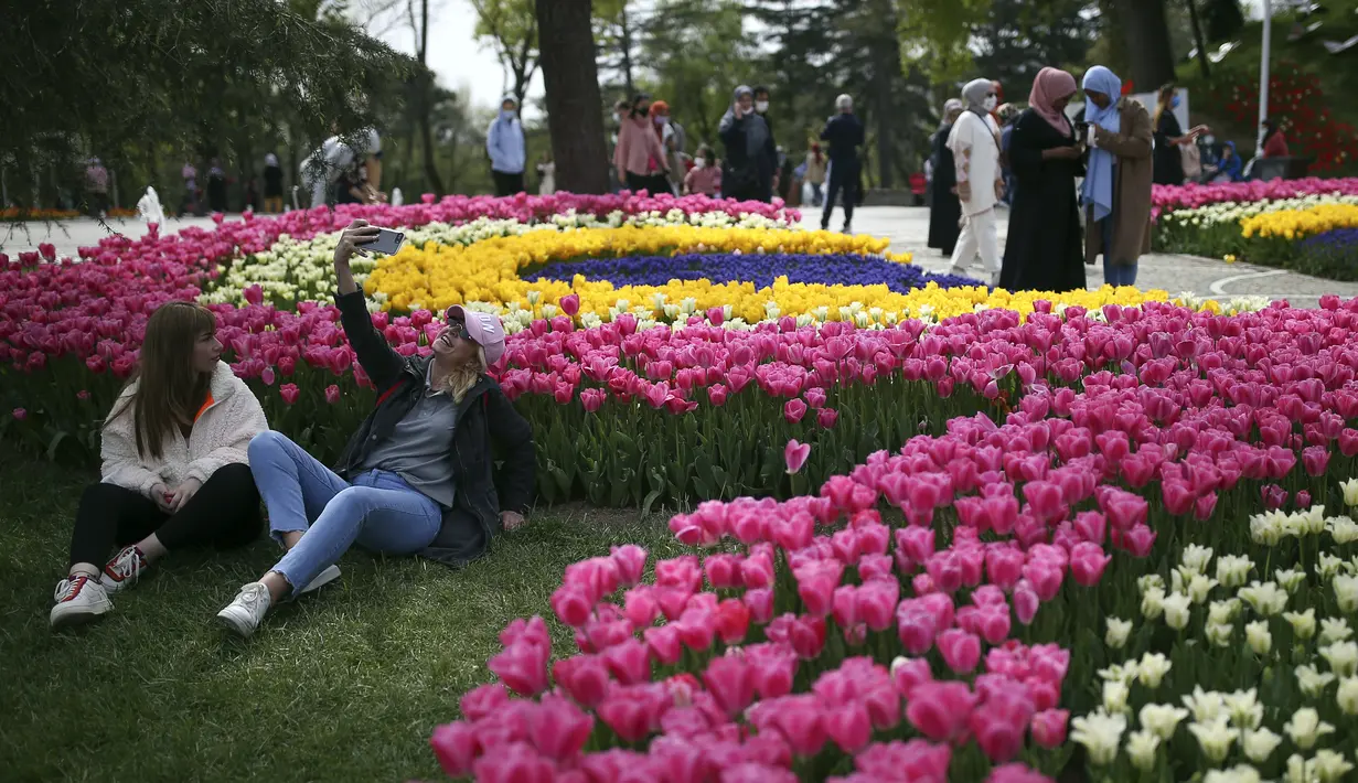 Orang-orang mengunjungi ladang tulip mekar di Taman Emirgan di Istanbul sehari sebelum "penguncian penuh" atau lockdown, Rabu (28/4/2021). Turki akan memberlakukan lockdown penuh selama tiga minggu dari 29 April hingga 17 Mei 2021 untuk membendung penyebaran virus corona. (AP Photo/Emrah Gurel)