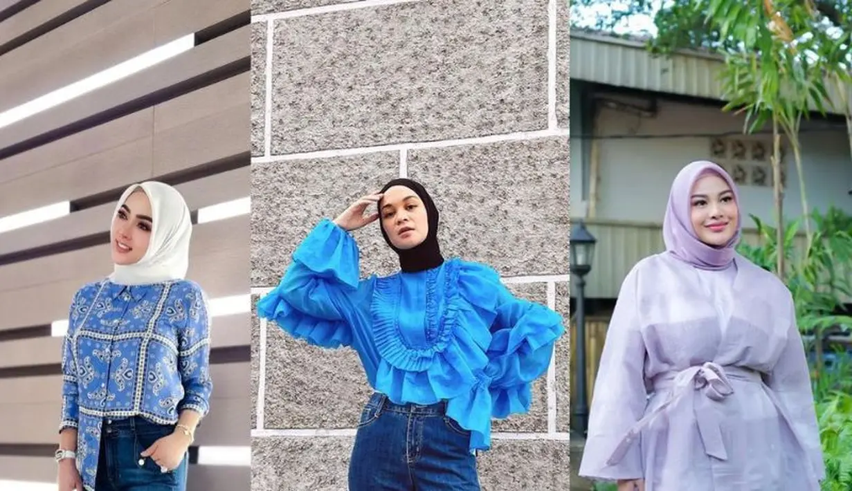 Syahrini tampil stylish dalam balutan kemeja motif dan navy jeans berpola cutbray.