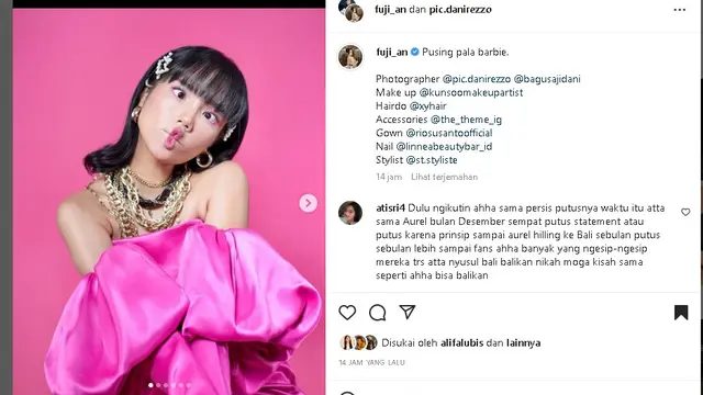 Pemotretan Fuji memakai dress shocking pink (Foto: Instagram fuji_an)