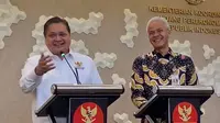 Menteri Koordinator bidang Perekonomian Airlangga Hartarto dalam konferensi Pers terkait program Proyek Strategis Nasional (PSN) di Provinsi Jawa Tengah, di kantor Kemenko Perekonomian Jakarta, Senin (17/7/2023).