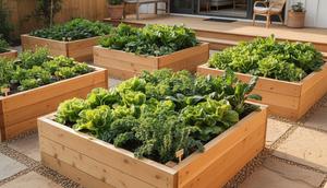 Raised Beds Kayu Minimalis merupakan salah satu konsep kebun sayur rumah belakang dengan vibe slow living (Gemini AI)