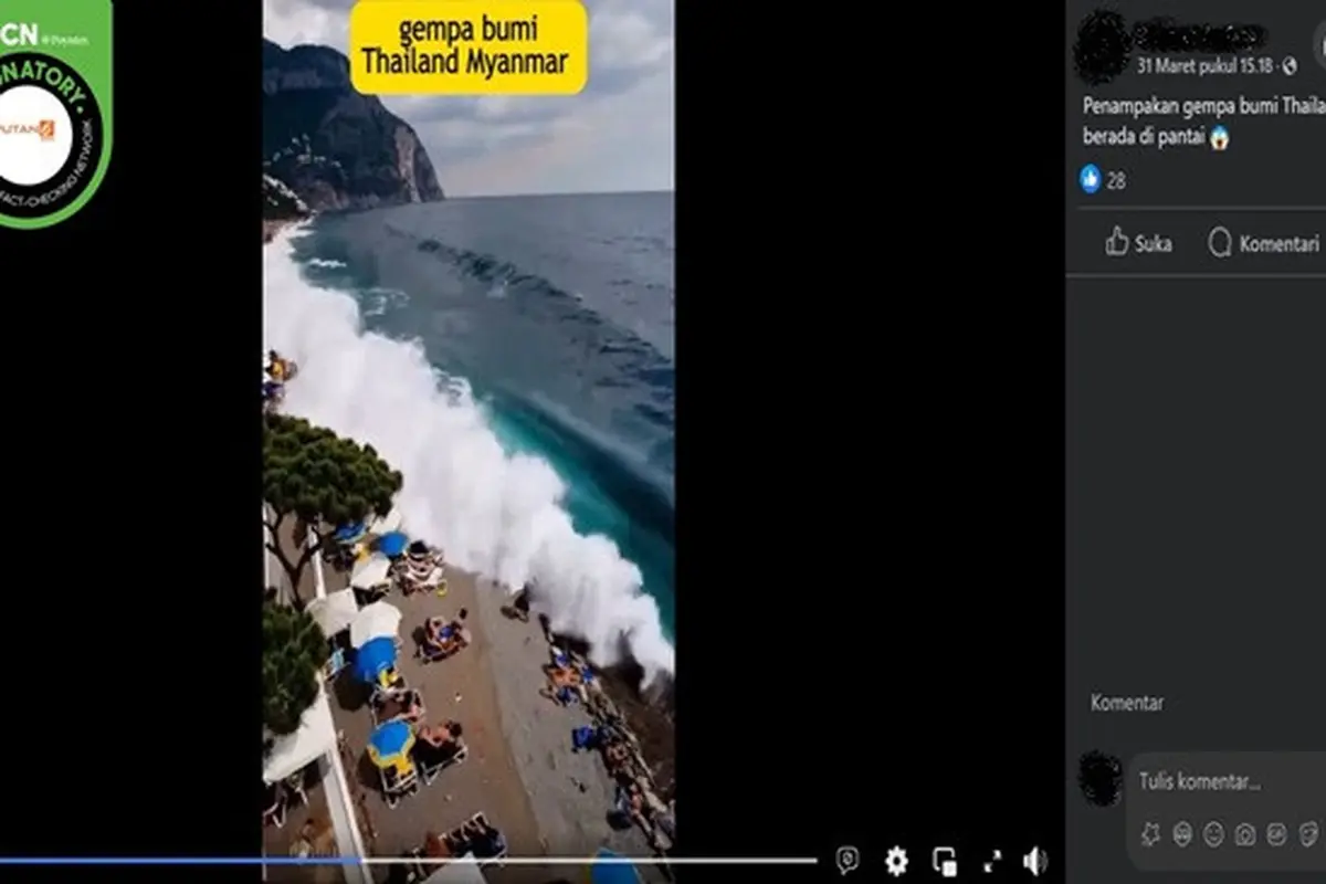 Gambar tangkapan layar video yang diklaim penampakan gelombang tinggi di pantai akibat gempa yang mengguncang Myanmar. (sumber: Facebook)