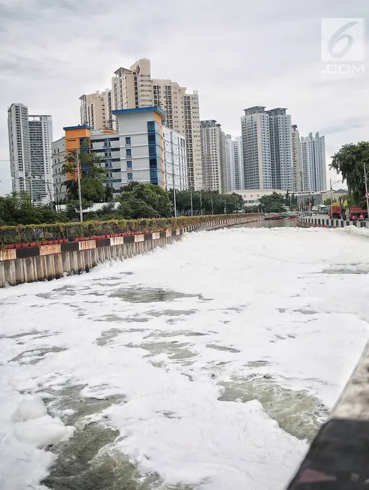Kondisi Kali Item yang berbusa di Kemayoran, Jakarta, Selasa (1/1). Belum diketahui penyebab tercemarnya Kali Item tersebut. (Liputan6.com/Faizal Fanani)