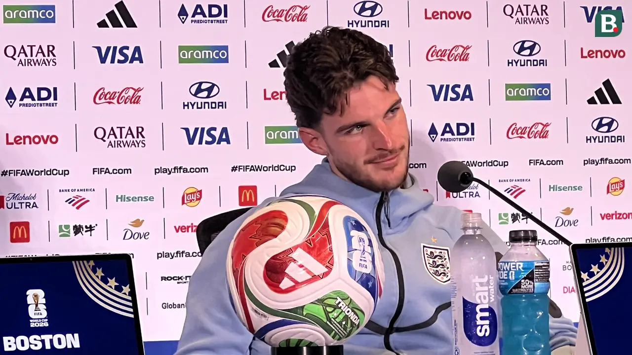 Konferensi pers Timnas Inggris di Boston, Amerika Serikat, Senin (22/6/2026), yang dihadiri Thomas Tuchel dan Declan Rice
