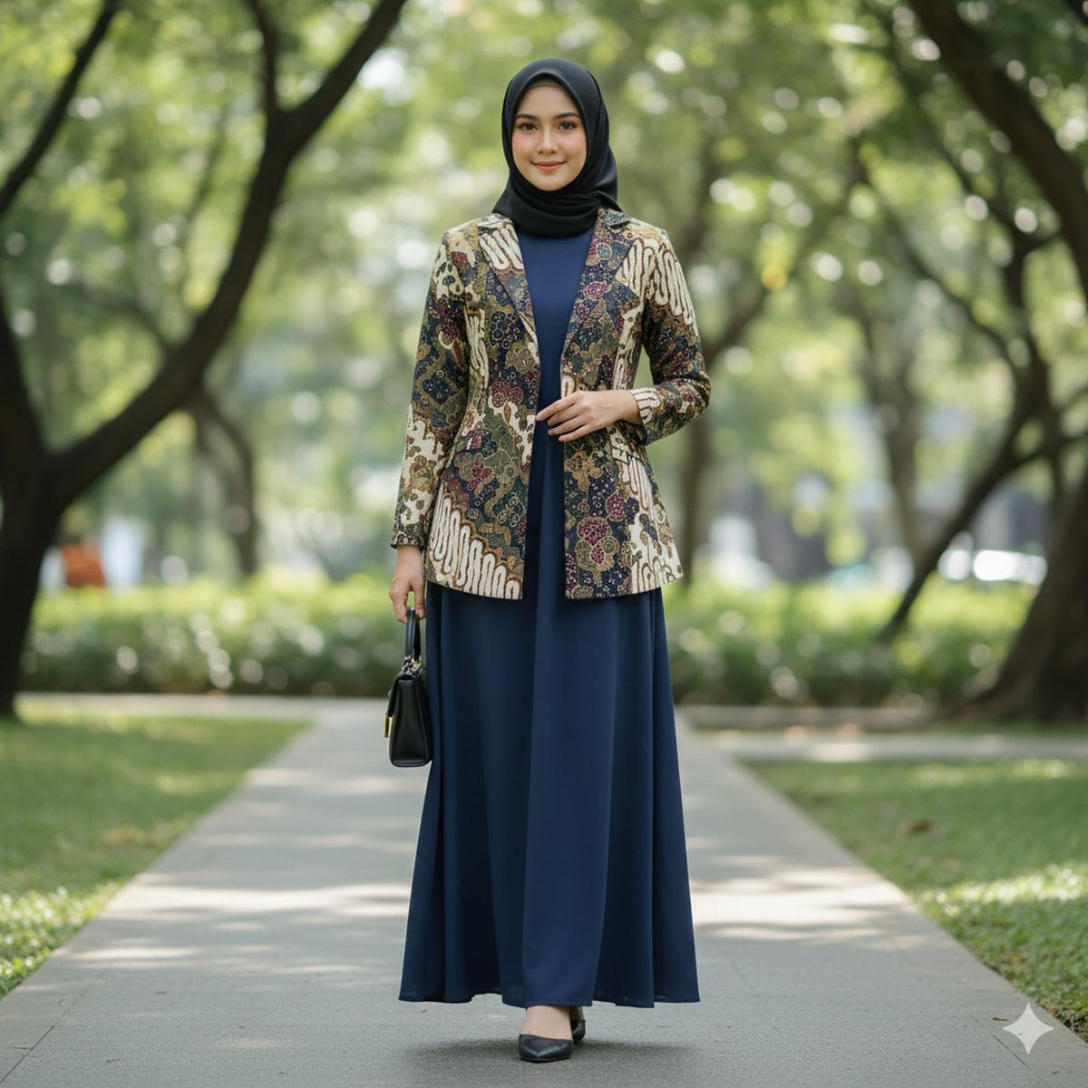 Gamis Polos Syar'i + Blazer Batik Modern
