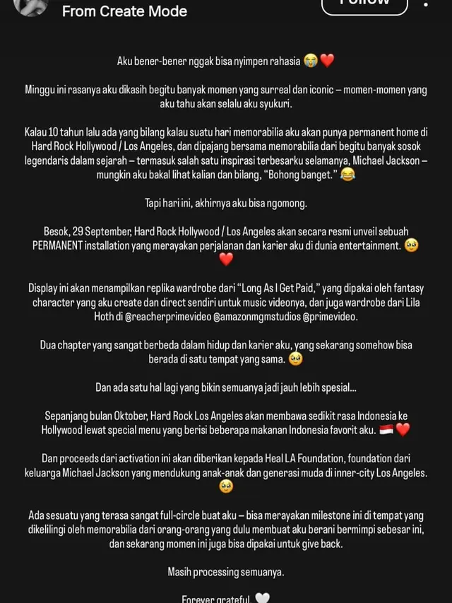 Agnez Mo unggah tulisan bahagianya usai memorabilia nya diumumkan akan dipajang di Hard Rock LA